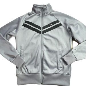Nike The Athletic Dept Track Jacket Womens Medium Grey Striped Swoosh Mock Neck